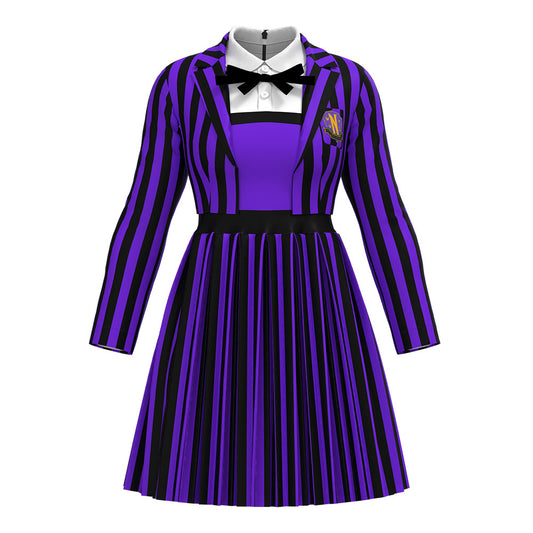 Halloween Cosplay Addams Family Striped Costume Wednesday Wolf Girl Dress Costume