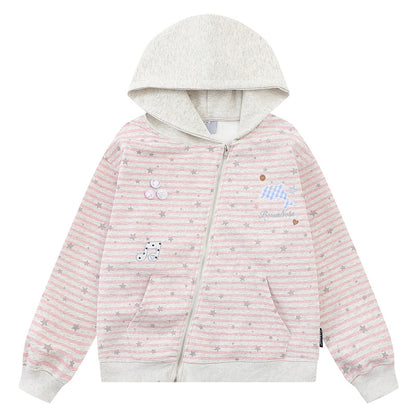 Striped star dolphin embroidered hooded cardigan