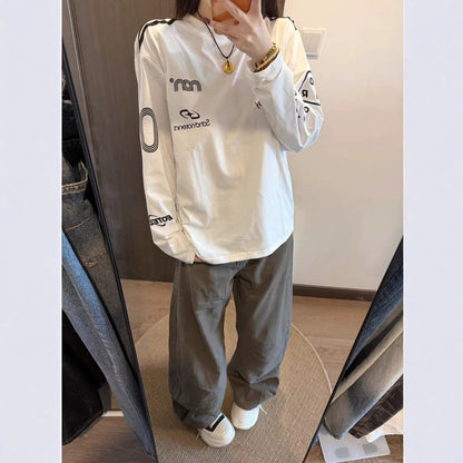 Vintage Stripe Sport Racing Letter Long Sleeve T-Shirt for Women