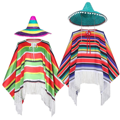 Poncho Costume for Cosplay Party Halloween Mexican Traditional Hat