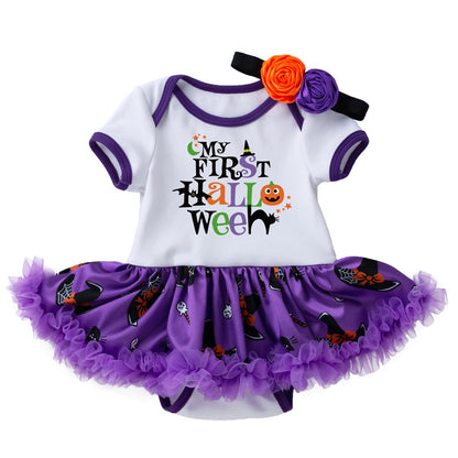 Halloween Baby Party Outfit Printed Pumpkin Short Sleeve Romper Dress with Hair Accessories 2-Piece Set Infant Onesie Dress