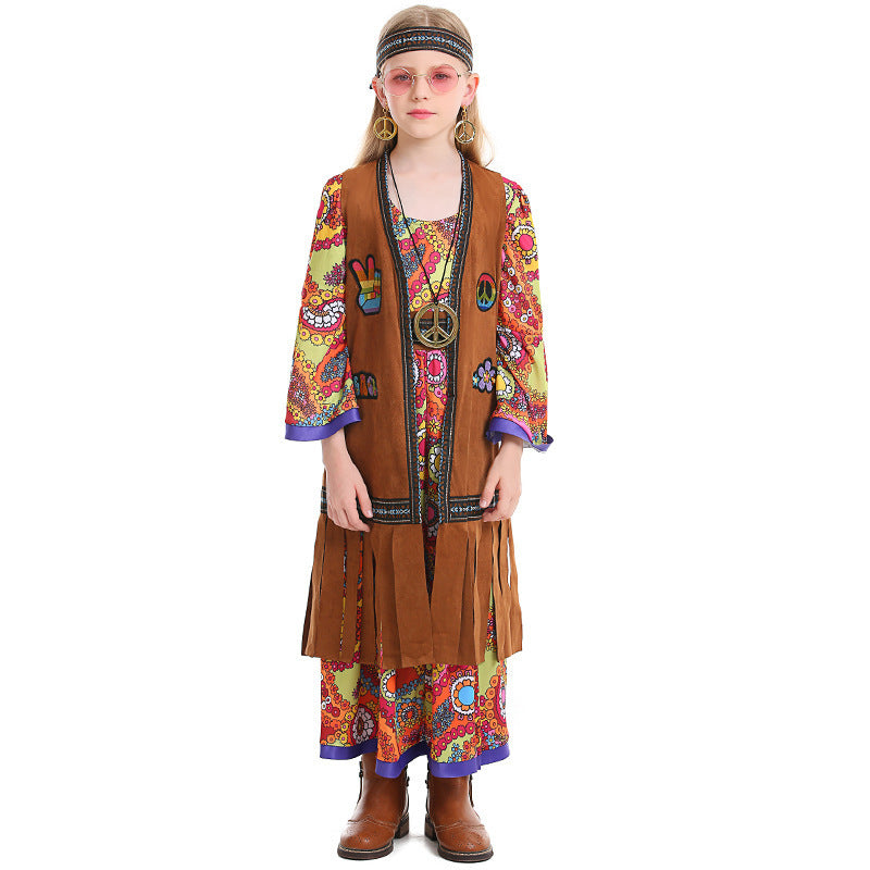 Retro Hippie Girls' Outfit with Fringe Vest and Long Dress, Halloween Retro Disco Theme Party Costume