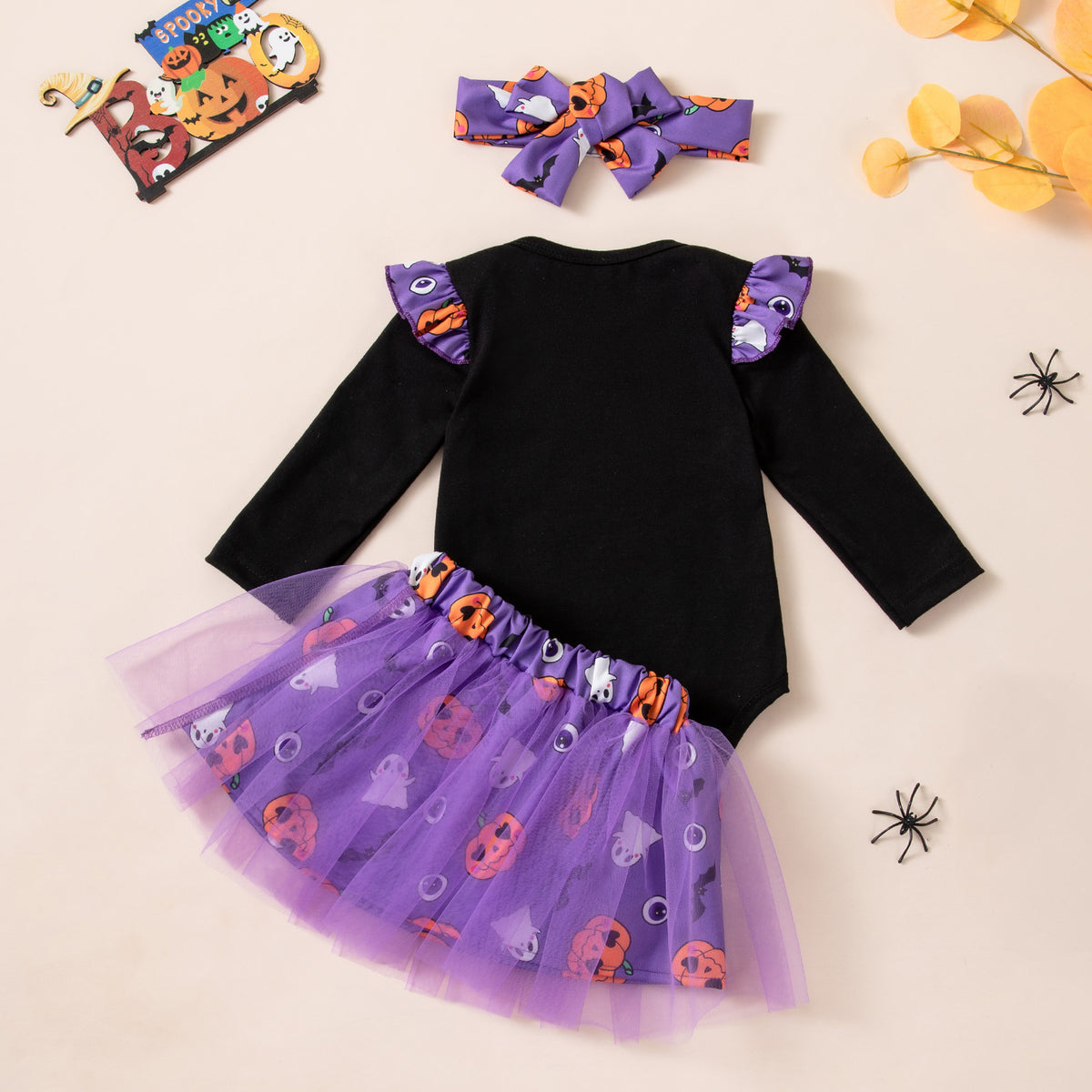 Cute Halloween Baby Girl Outfit Long Sleeve Romper with Ghost and Pumpkin Print, Skirt and Socks Set