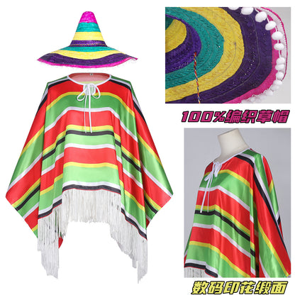 Poncho Costume for Cosplay Party Halloween Mexican Traditional Hat
