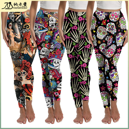 Halloween Women's Leggings Day of the Dead Skull Digital Print Yoga Tights Women's Fitness Stretch Pants