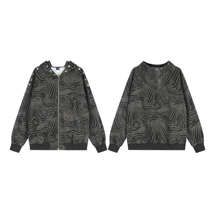 Black gray tiger pattern rivet hooded cardigan for women