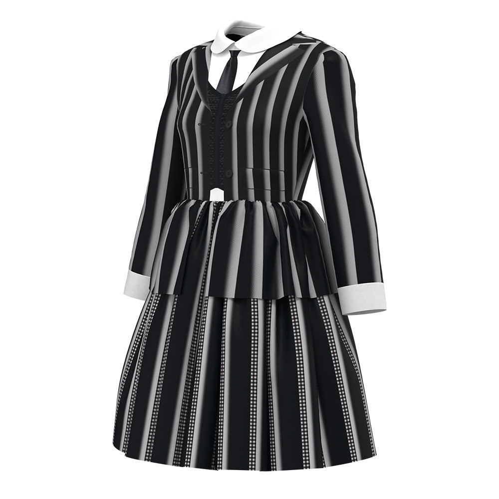 Jiamai New Wednesday Cosplay Costume Adams Family Female Halloween Children's Striped Dress