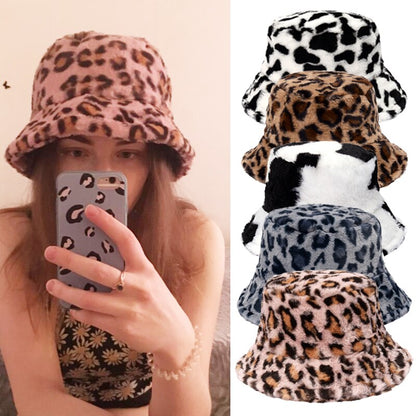 Winter Cow Leopard Faux Fur Fluffy Bucket Hats