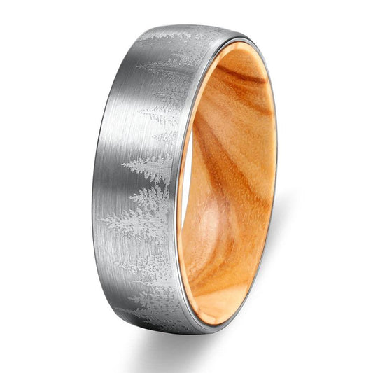 Silver Etched Tree Line and Olive Wood Tungsten Ring