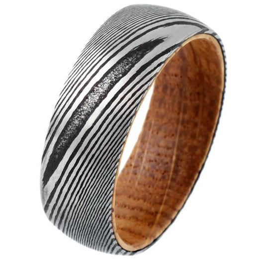 Wood Grain Damascus Steel and Whiskey Barrel Ring