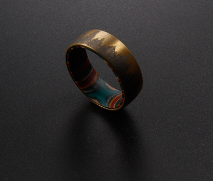 Bronze Etched Tree Line with Striped Wood Sleeve Tungsten Ring