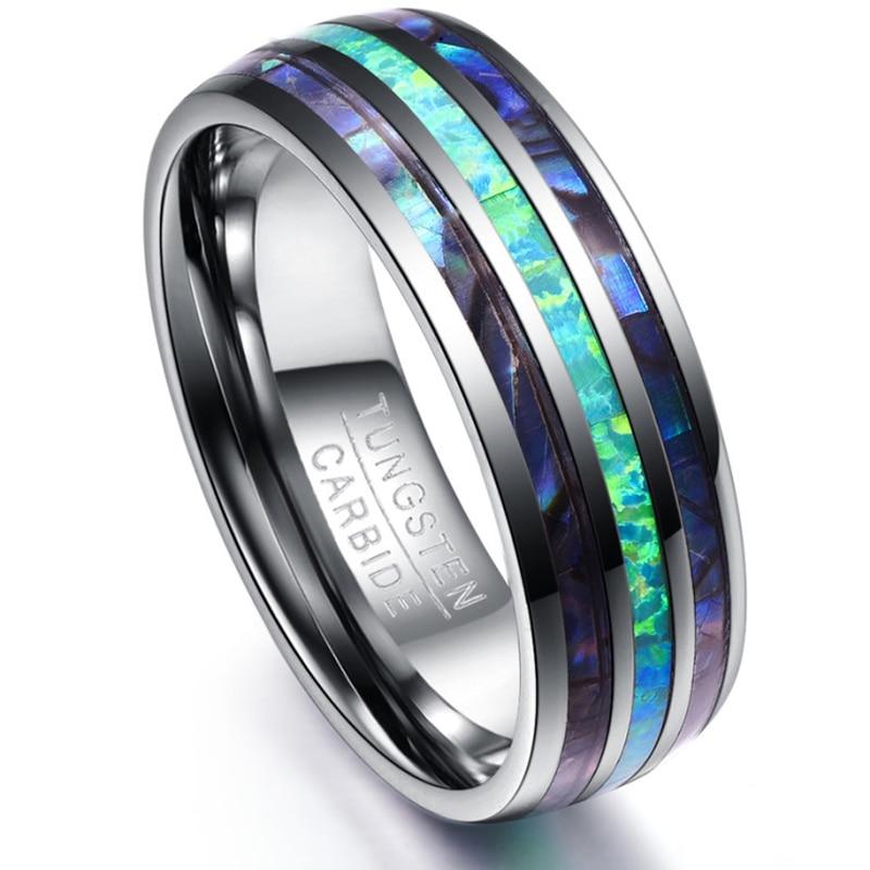 Blue Faux Opal Shell Inlay Tungsten Carbide Ring