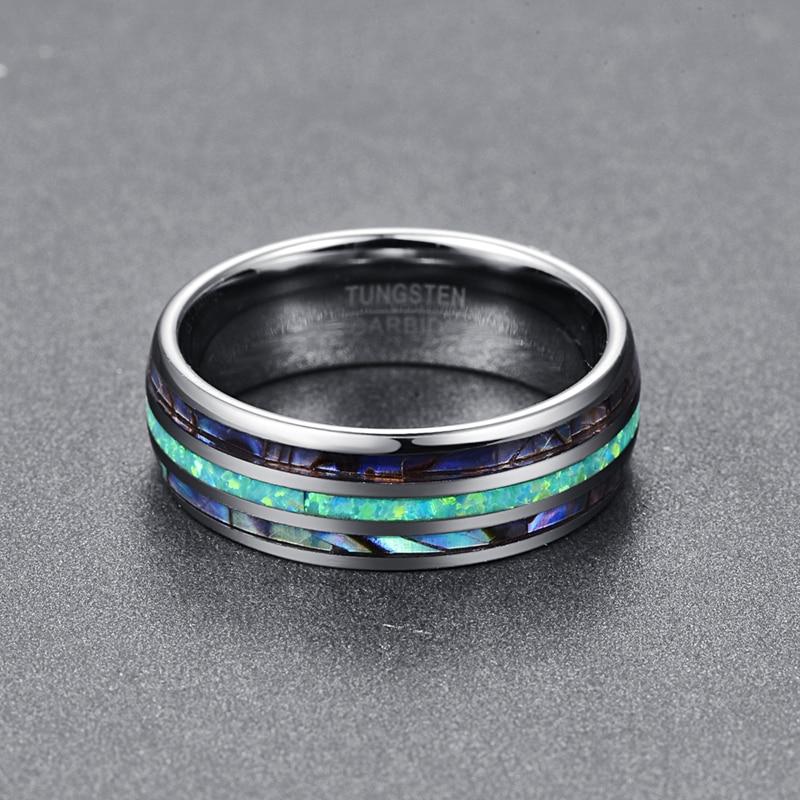 Blue Faux Opal Shell Inlay Tungsten Carbide Ring