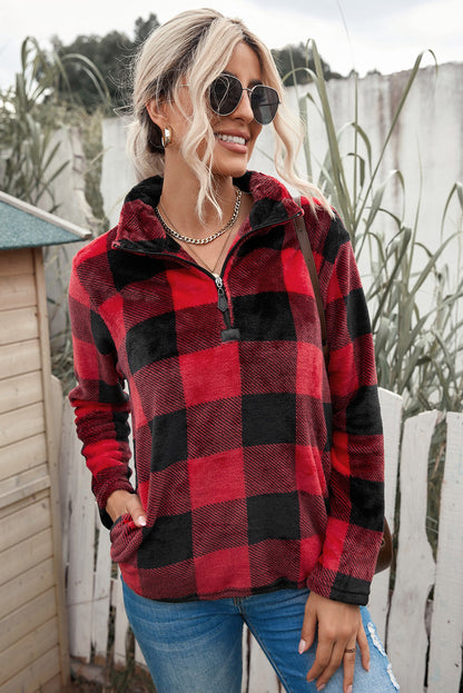 Plaid Print 1/4 Collar Sweatshirt