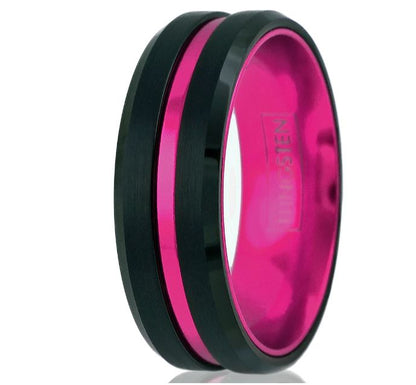 Black Tungsten and Hot Pink Stripe Ring